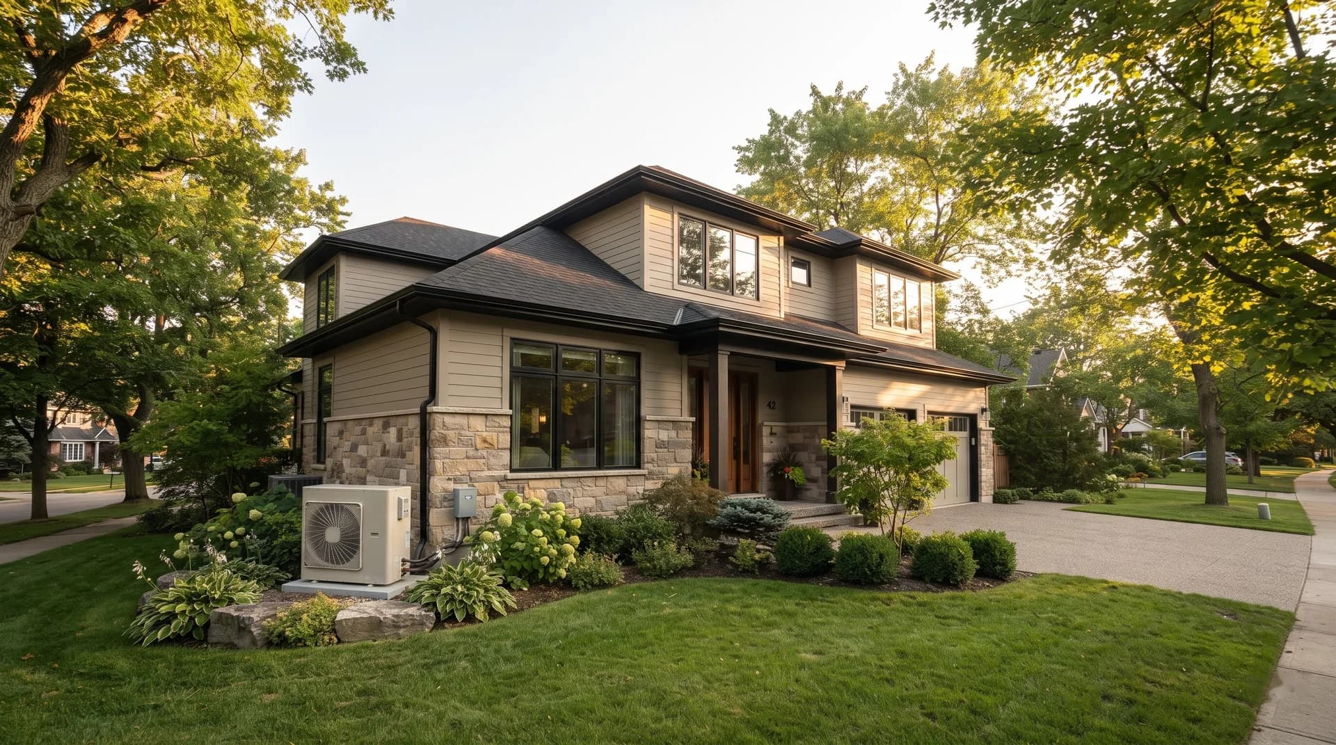 Residential outdoor HVAC equipment beside an American home