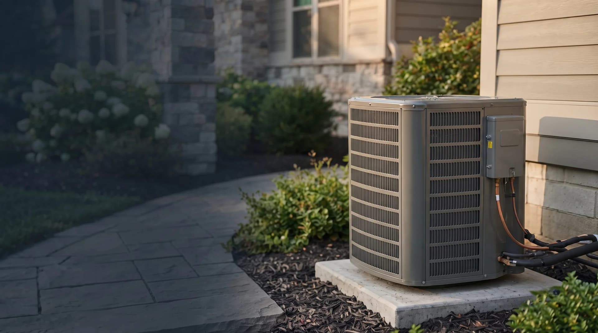 Residential outdoor HVAC equipment beside an American home