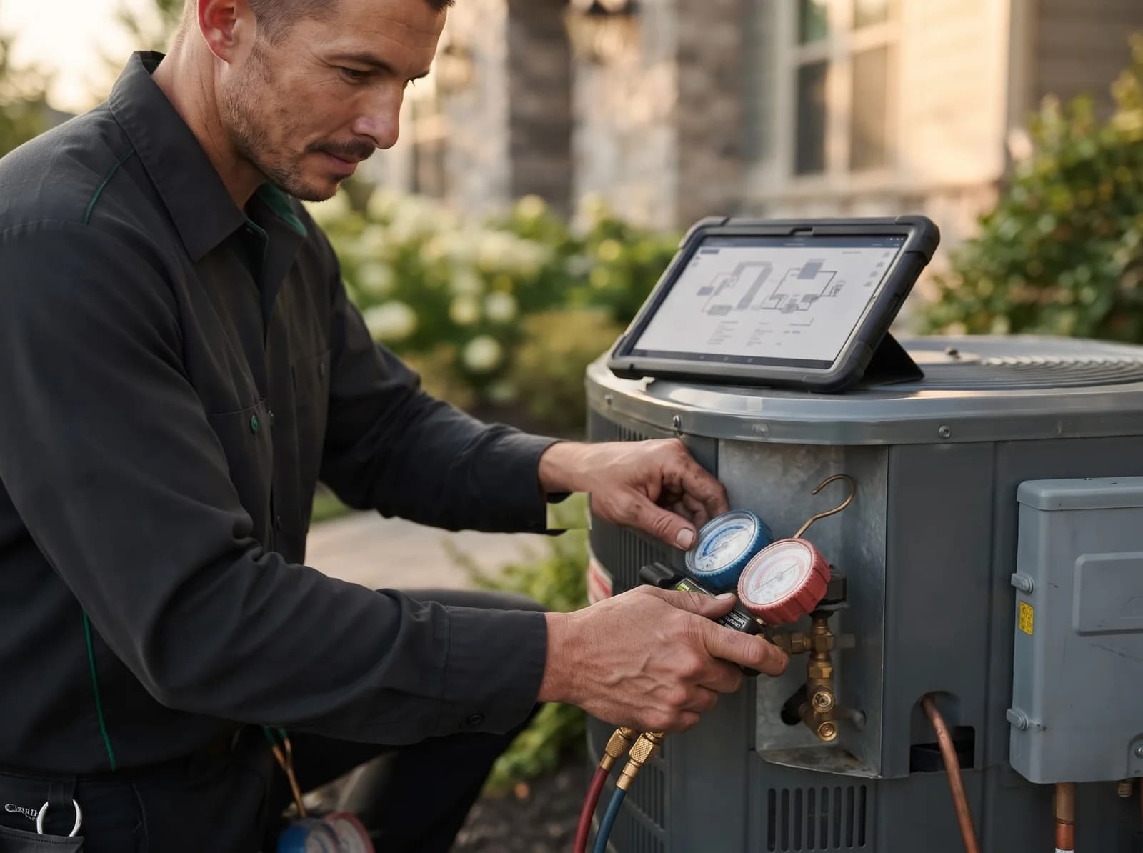 Residential HVAC technician preparing for a service visit