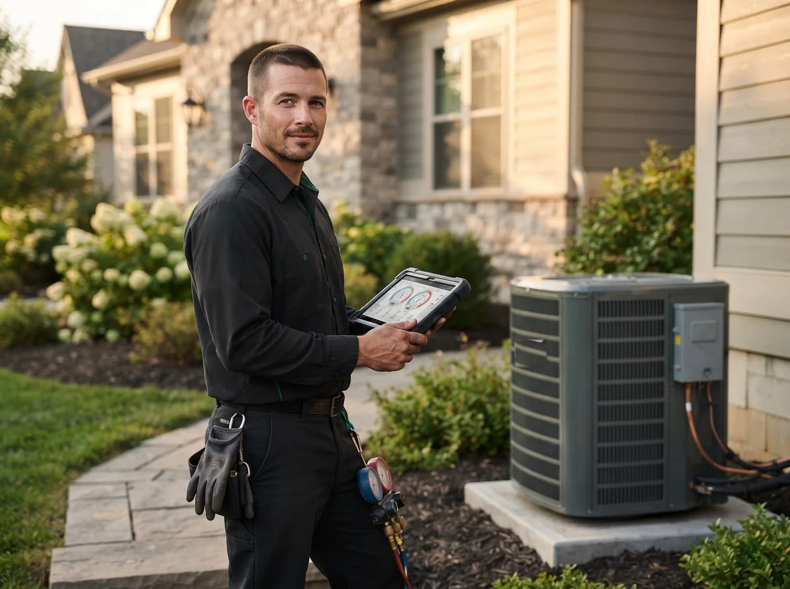 Residential HVAC technician preparing for a service visit