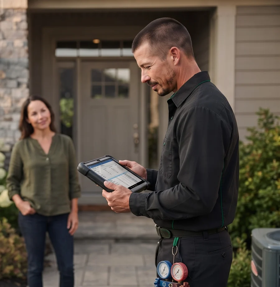 Residential HVAC technician beside a home