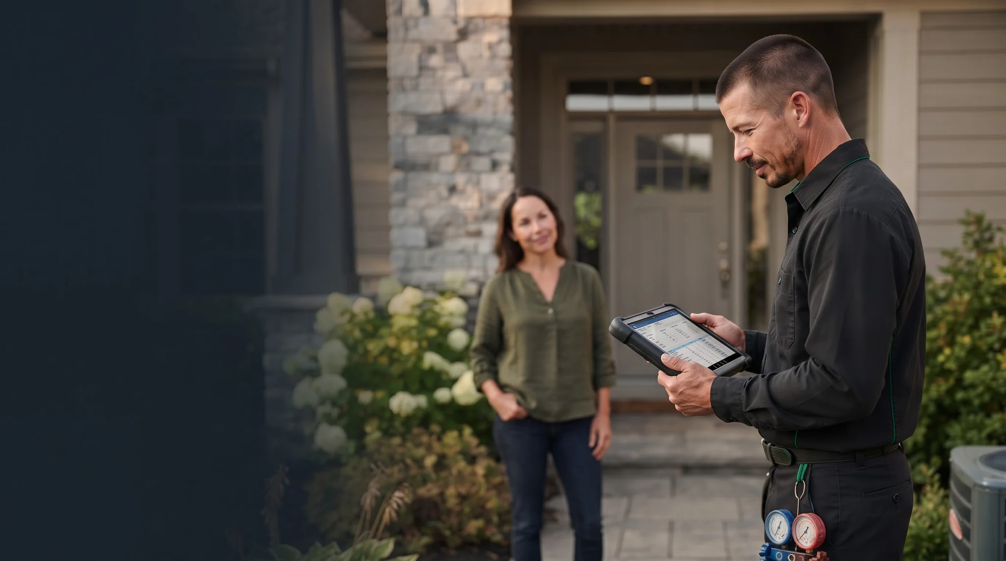 Residential HVAC technician beside a home